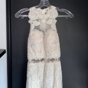 Ivory prom dress with lace overlays